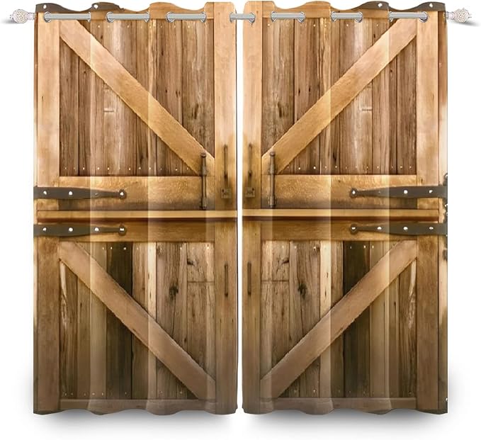 Vintage Wooden Door Curtains Rustic Geometric Pattern in Yellow and Brown - 21x45 Inch, 2 Panels