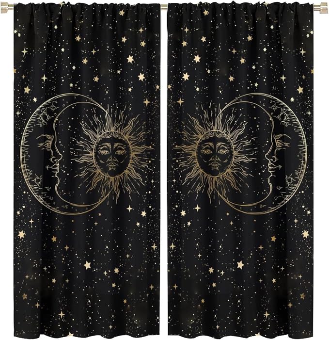 Sun Moon Blackout Windows Curtains, Golden Sun Moon and Stars Black Sky on Bohemian Style Curtains, for Living Room Bedroom 63x72in 2 Panels