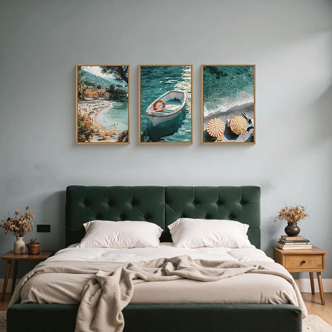 Aryroi Italy Spring Coastal Seascape Framed Canvas Wall Art Set,Mediterranean Amalfi Italian Blue Green Seaside Beach Decor,Natural Foreign Travel City Summer Artwork for Living Room,Farmhouse- 24"x36"x3