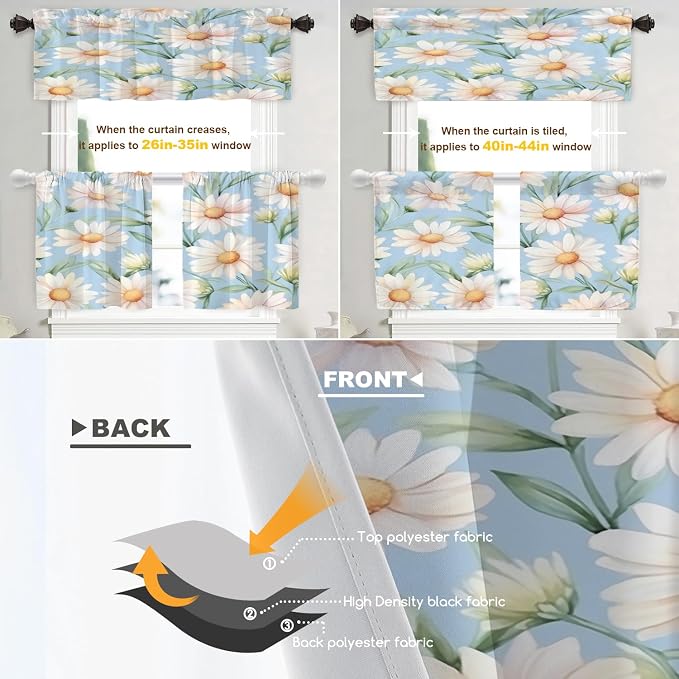 Shrahala Daisies Leaves Blackout Curtain Tiers, White Daisies On Blue Kitchen Valance Light Blocking Tier Drapes with Rod Pocket, 2 Pack 26 X 24 in