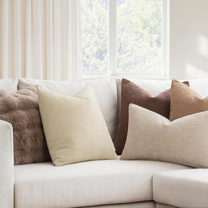 MIULEE Textured Couch Pillow Covers 20x12 Inch Pack of 2,Beige Soft Thick Solid Lumbar Decorative Chenille Throw Pillows Neutral Farmhouse Cushion Covers Modern Home Decor for Sofa Bedroom Living Room