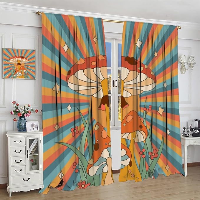 Boho Mushroom Curtains, 1970s Retro Sunset Rainbow Boho Herbs Flowers Blue Yellow Abstract Geometric Print Blackout Window Drapes for Kids Bedroom Living Room 72x63in