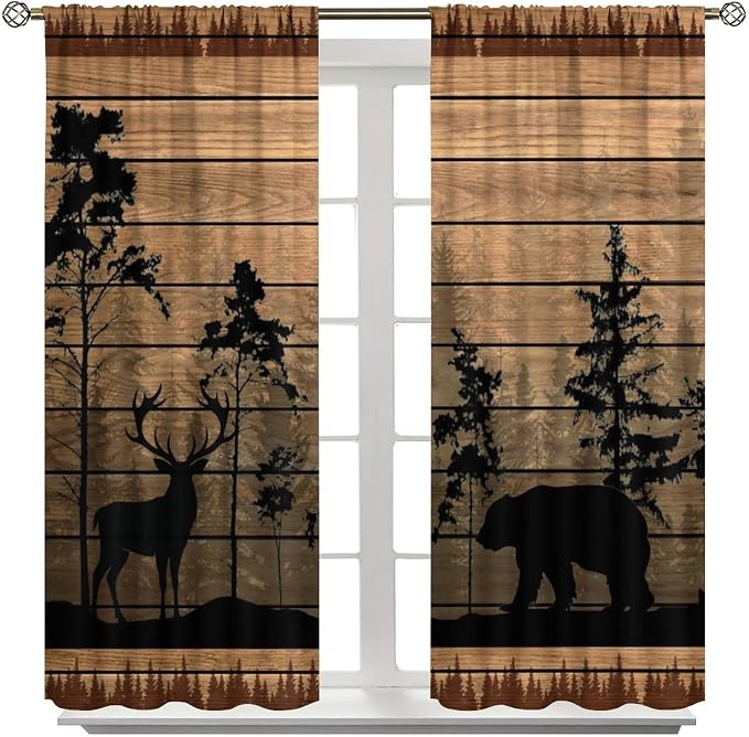 Farmhouse Forest Cabin Blackout Curtains for Kitchen Rustic Wooden Country Vintage Bear Deer Rustic Cabin Window Treatments for Farmhouse Bedroom Living Room 63x63in