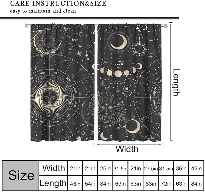 Golden Sun Moon Blackout Curtains, Starry Retro Bohemian Sun Moon Star Mysterious Universe Retro Window Drapes, for Bedroom Living Room 42" W X 45" L