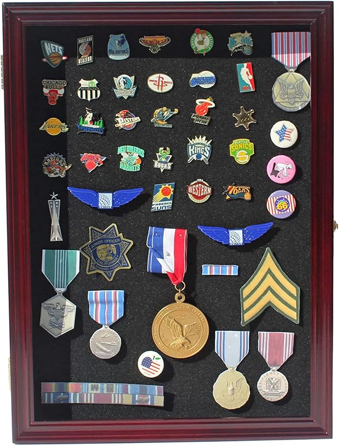 Large 19 X 14 Pin Display Case Medal Shadow Box with 98% UV Protection for Military Medals, Beach Tags, Jewelry Pins, Pin Gift, Insignia Ribbons, Pin Collectibles Cherry Finish