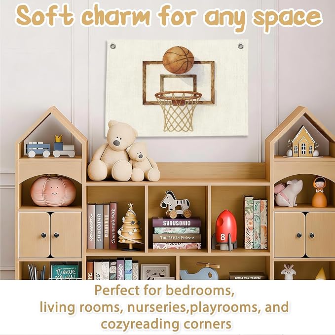 RTXLEZM Basketball Room Decor for Boys, Retro Basketball Hoop Canvas Banner Wall Hanging, Kids Playroom Wall Art Prints for Kids Toddler Boys Nursery Room Bedroom Playroom Decor, 20x30 Inch