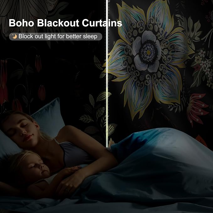 Boho Blackout Curtains for Bedroom, Black Out Window Bedroom Curtains 84 Inch Length 2 Panels Set, Floral Thermal Insulated Room Darkening Blackout Curtains for Living Room with Two Curtain Tiebacks