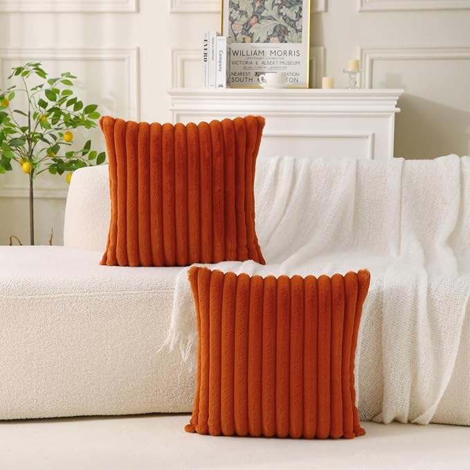 Decorative Throw Pillow with Inserts, Set of 2 Soft Faux Fur Throw Pillows, Square Boho Striped Pillow for Couch, Bed, Sofa Decor (Brownish-Orange, 20" x 20"(Pack of 2))