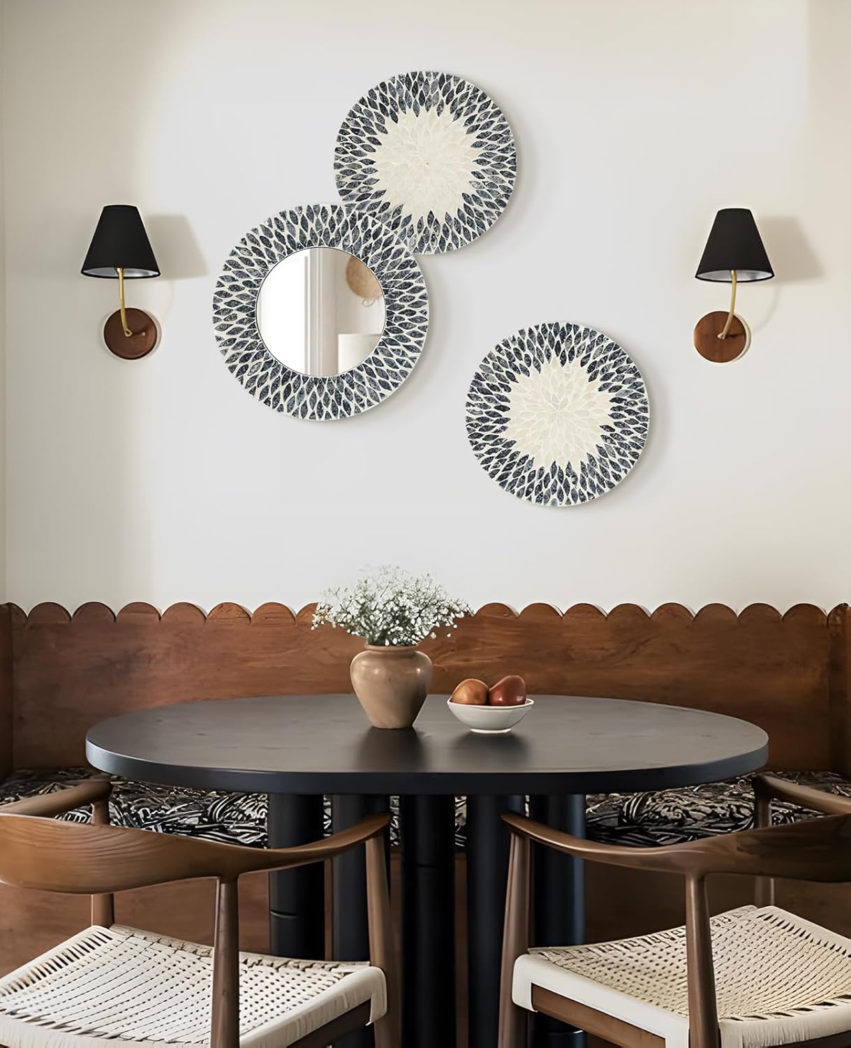 Natural Mother of Pearl Mirror Wall Decor for Bedroom Bathroom, 3PCS Geometric Wall Art Modern Home Office, Handmade Mosaic Art Circle Sculptures for Kitchen Living Dining Room (Black White)