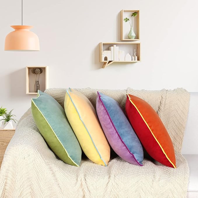 Btyrle Throw Pillow Covers 20x20 Inches Set of 4 Soft Velvet Couch Cushion Covers Modern 8-Colors Rainbow Designs for Sofa Bedroom Home Decor(Rainbow Series with Edge)