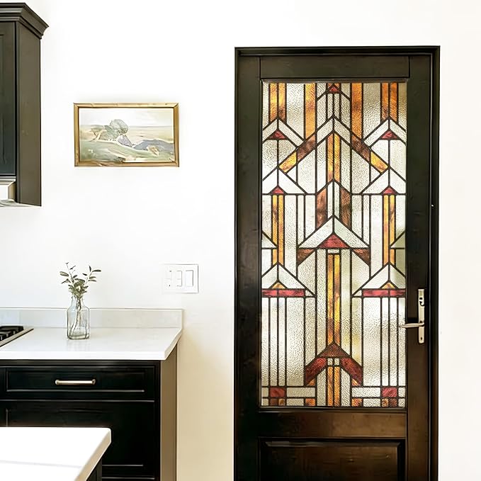 Faux Stained Glass Window Film, Decorative Window Privacy Film for Front Door Sliding Door Glass Film Decor Inspired by Frank Lloyd Wright, 29.53" x68.9" Hollyhock House, Boho