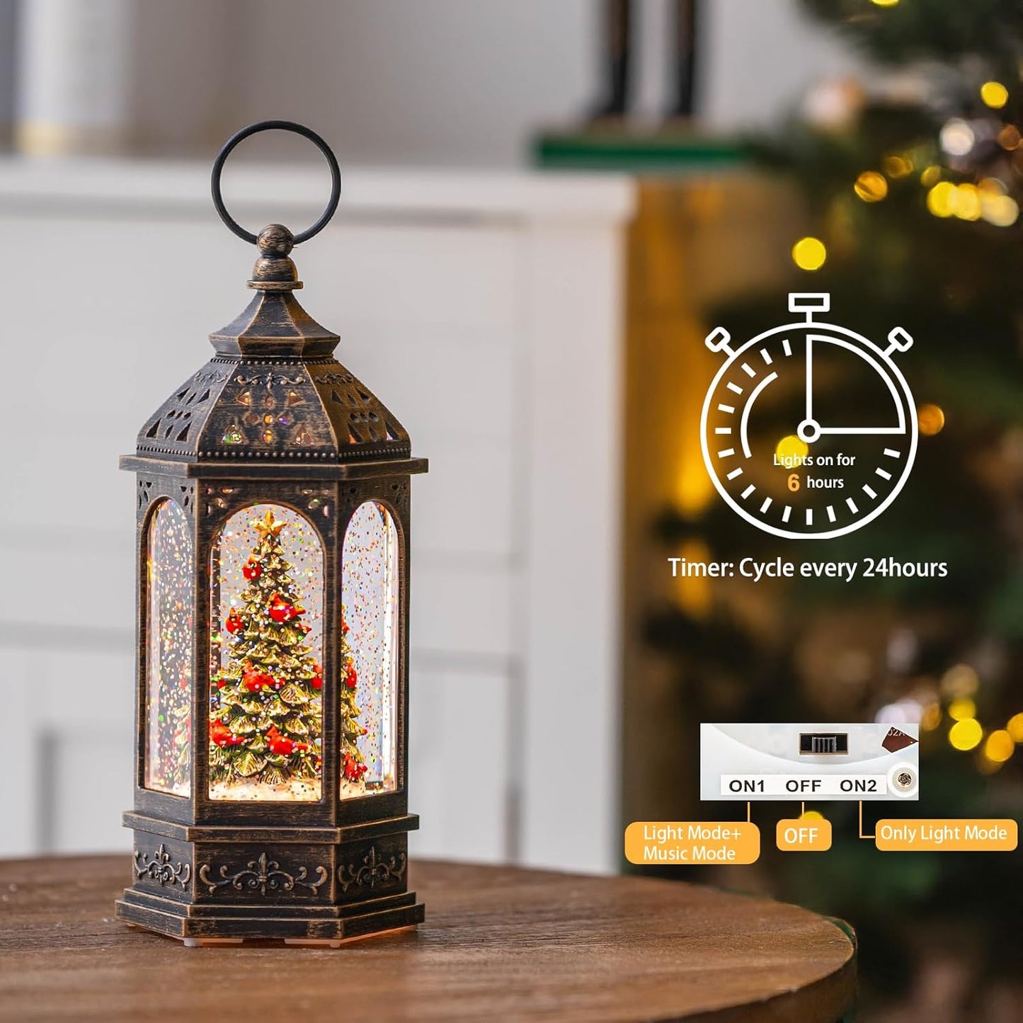 Lighted Christmas Tree Cardinal Music Snow Globe Water Lantern with Swirling Glitter Decoration for Christmas Home, Living Room, Battery Operated or USB Powered