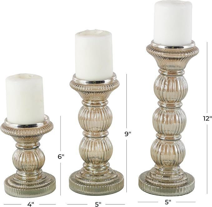 Deco 79 Glass Handmade Decorative Candle Holder Turned Style Pillar Candle Stand, Set of 3 Candlestick Holder 6", 9", 12"H, Gray