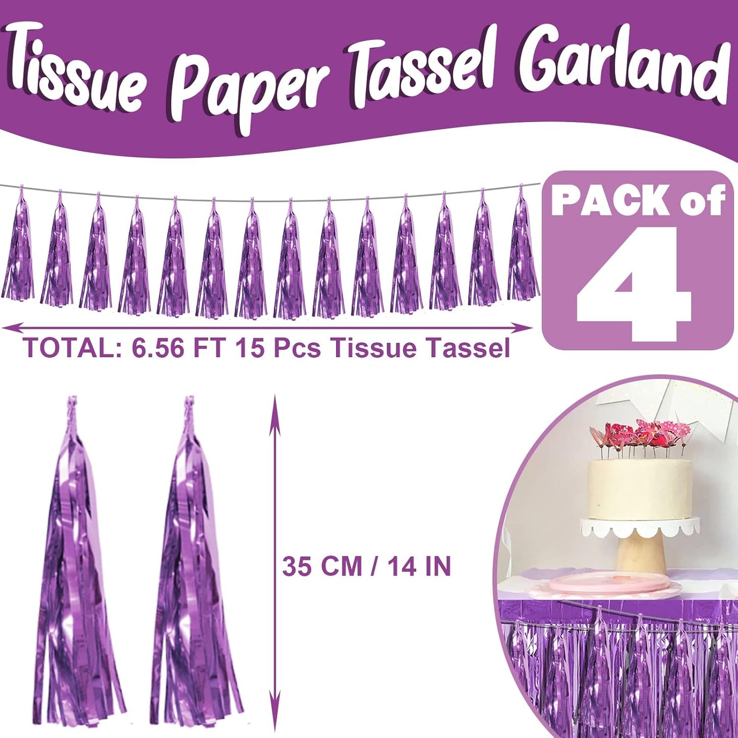 4P Light Purple Foil Fringe Metallic Streamers Banner Tassel Garland for Parade Floats, Bachelorette, Wedding, Birthday, Halloween, Christmas, Bridal/Baby Shower Party Decorations