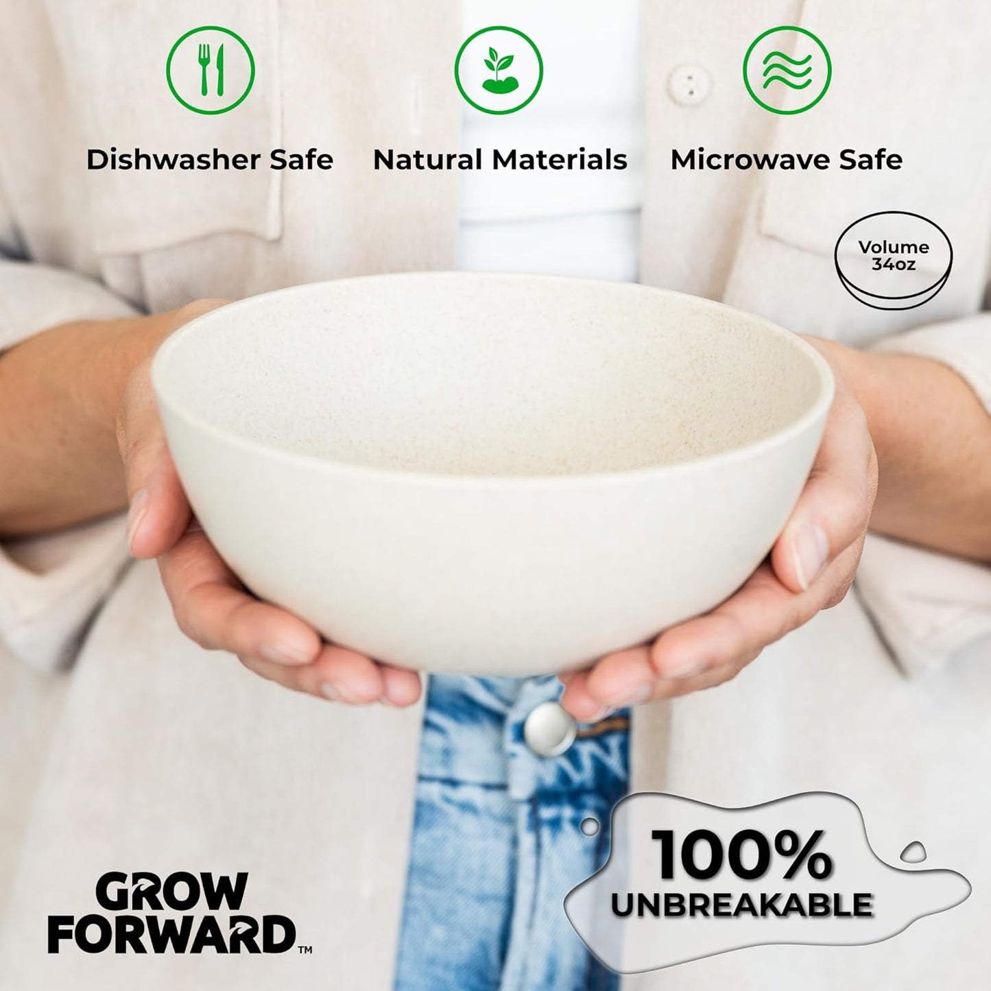 Grow Forward Premium Wheat Straw Bowls - 34oz Microwave Safe Plastic Cereal Bowls Set of 8 for Kitchen, Camping, RV, Dessert, Snack, Soup, Salad, Fruit - Reusable, Unbreakable & BPA Free - Sahara