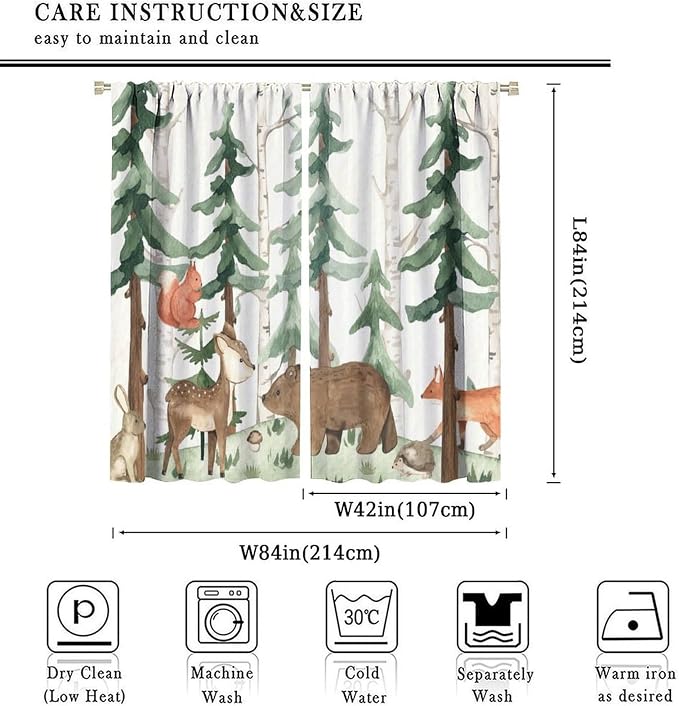 Forest Nursery Curtains - Woodland Bear & Wildlife Theme, Blackout 84x84 Inch 2 Panels