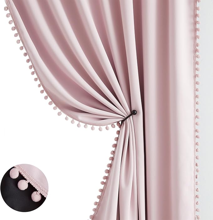 Pom-pom Pink Blackout Curtains for Bedroom 63inch Length Energy Efficient 100% Full Blackout Window Panels for Baby Girls Nursery Living Room Adorable Rod Pocket Drapes 2pcs 52"w Rod Pocket