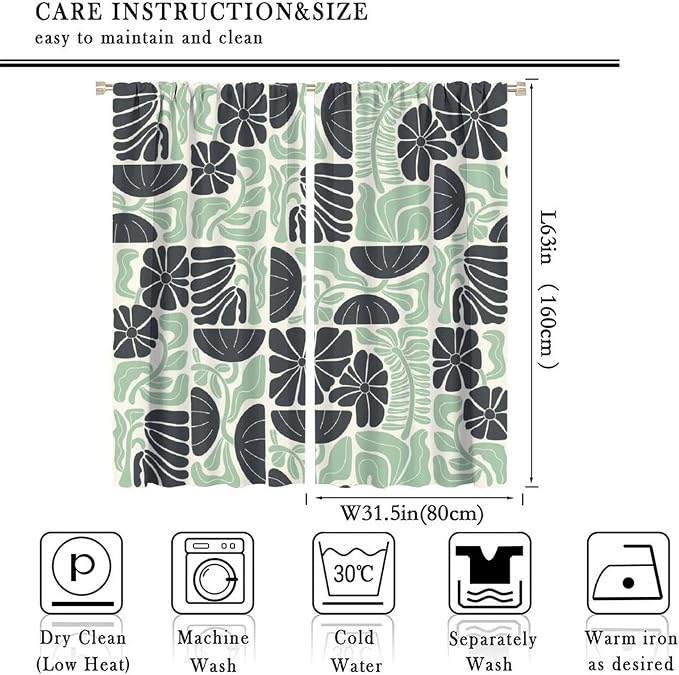 JESTRONRY Mid Century Boho Curtains, Modern Abstract Abstract Geometric Green Floral Pattern Print Blackout Window Door Curtains for Bedroom Living Room Home Decor 63x63in