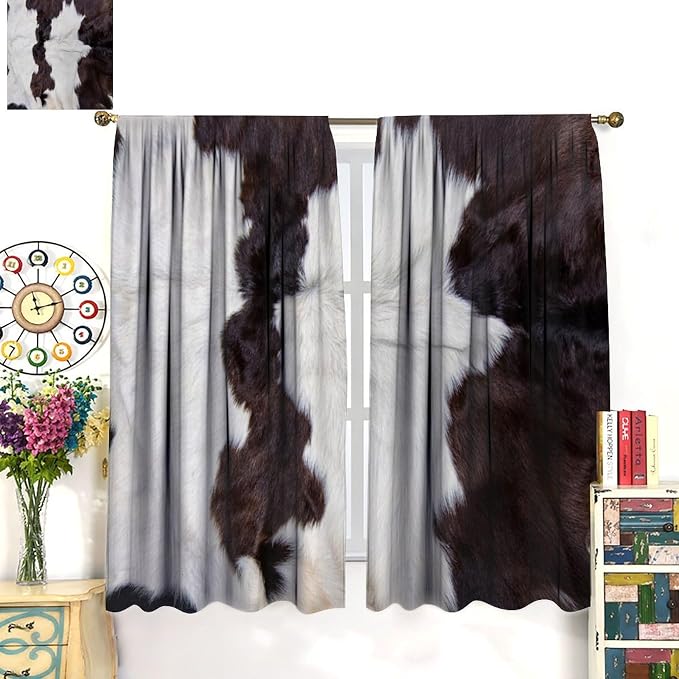 Cowhide Blackout Curtain, Retro Farmhouse Animal Spotted Black White Cow Texture Print Drapes, Window Treatments Rod Pocket 2 Panels Curtains for Bedroom Nursery Office Living Room Decor 52"W X 84"L