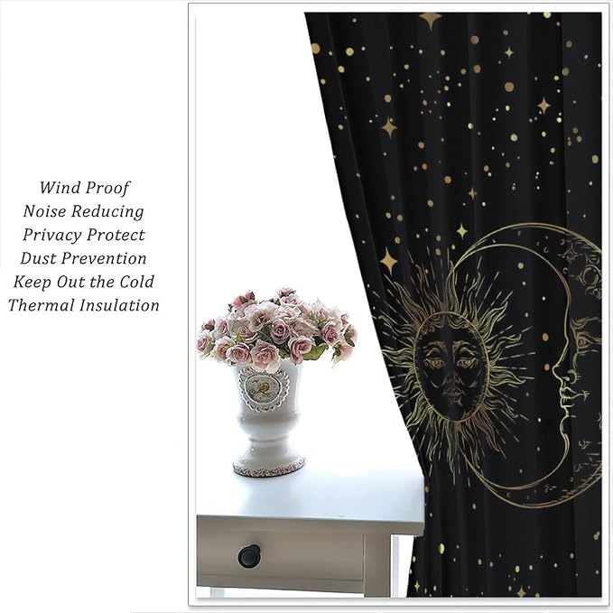 Sun and Moon Blackout Windows Curtains, Golden Planet Star Mysterious Galaxy Curtains Space Curtains, for Living Room Bedroom 63x72in 2 Panels