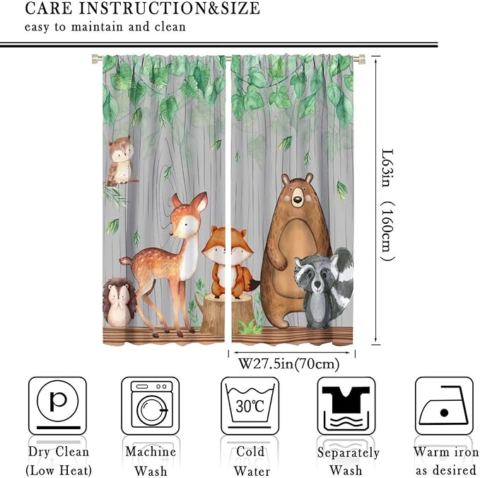 Rustic Animal Curtains, Wild Forest Animal Bear Fox Deer Kids Window Treatments for Living Room Bedroom, Farmhouse Woodland Blackout Drapes 2 Panel Sets, 55x63 Inch