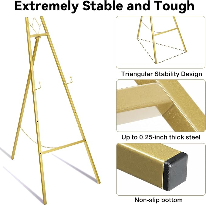 GRENTY 57.5" Gold Easel Stand for Wedding Sign, Heavy Duty Metal Display Stand, 4-Tier Height Adjustable Easel for Art, Paintings, Welcome Signs, Posters, and Décor, Simply Assembly Required