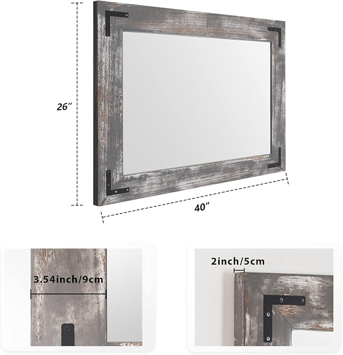 YOSHOOT Rustic Wooden Framed Wall Mirror, 40"x26", Natural Wood Bathroom Vanity Mirror for Farmhouse Decor, Vertical or Horizontal Hanging