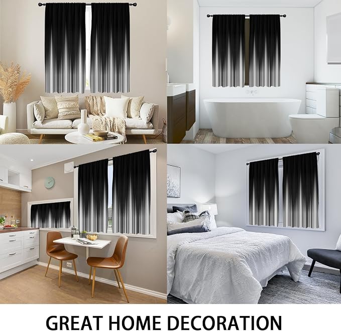 Coxila White and Black Window Curtains for Bedroom 52 x 63 Inch Rod Pocket Wide Gothic Goth Ombre Simple Boho Stripe Design Pattern Gradient Living Room Treatment Set of 2 Curtain Panels Drapes Drapes