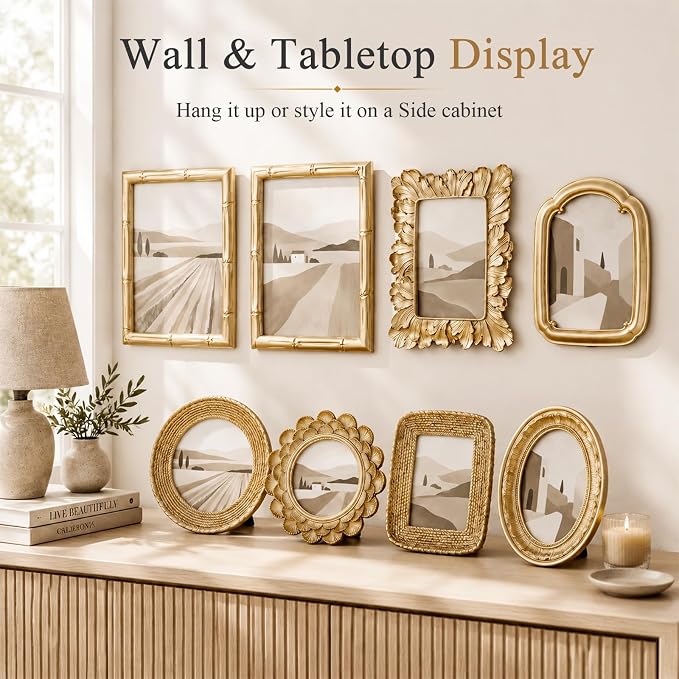 8 Pcs Gold Picture Frames Set for Gallery Wall, Gold Bamboo Frames Collage Assorted Sizes 8x10, 5x7 & 4x6, Modern Ornate Victorian Royal Decor for Wall Mount & Tabletop Display