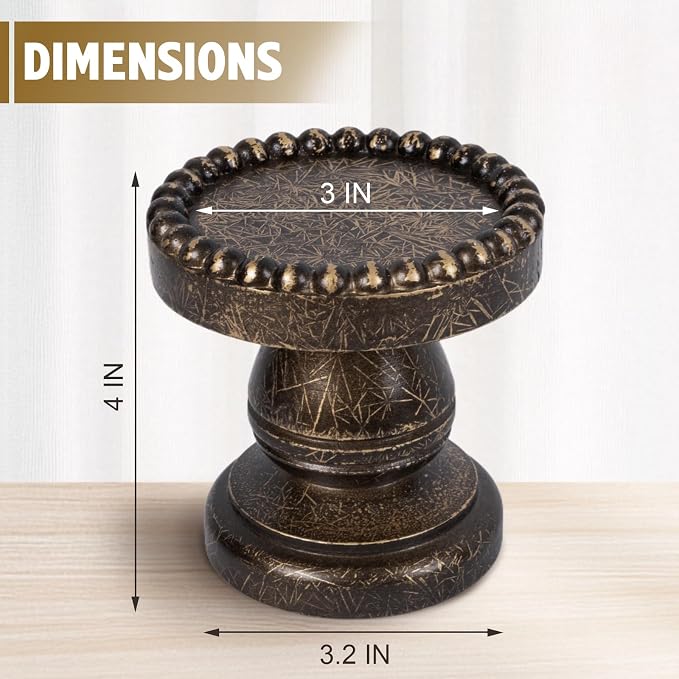 Small Candle Holder for Pillar Candle Set of 3, Farmhouse Wood Candle Holder, Rustic Wooden Candle Stand, Vintage Candle Stand Decorative for Living Room, Table Centerpiece, Black Gold