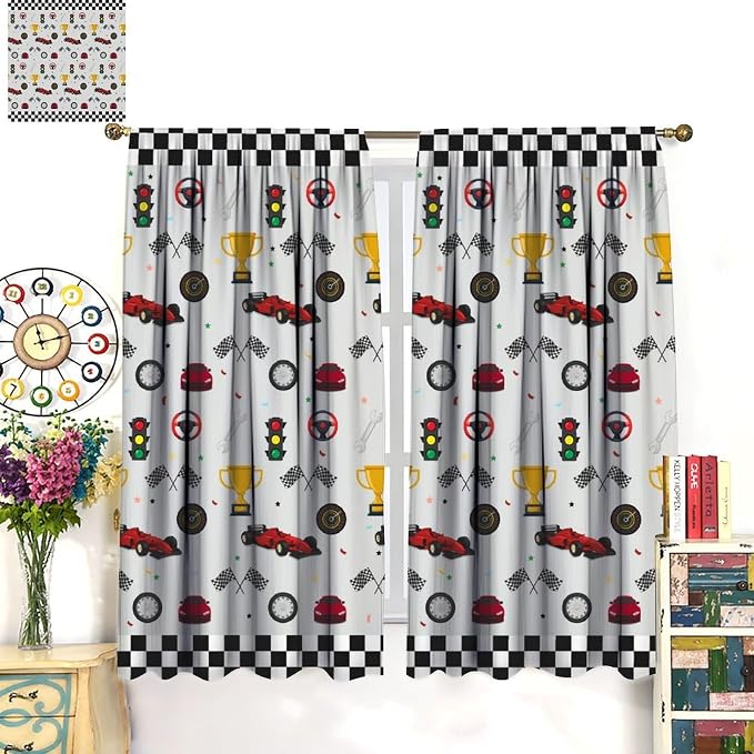 Racing Car Blackout Curtain,Kids Boys Cartoon Car Theme White Plaid Print Window Curtains for Bedroom Cafe Dining Room Office Living Room Kitchen Drapes,42x63 in