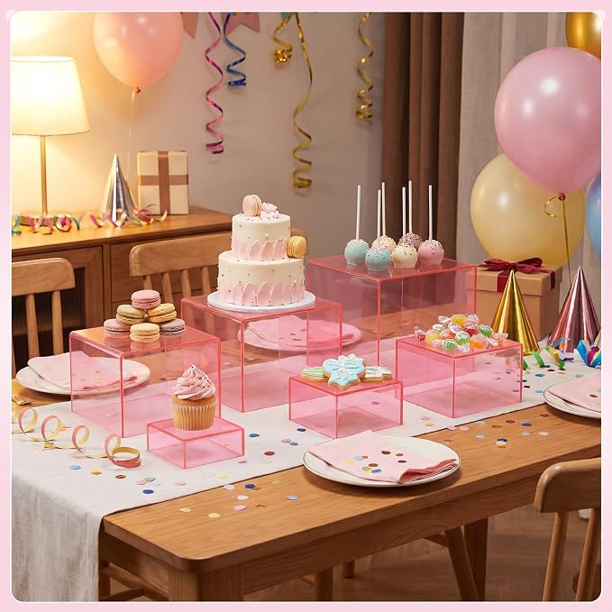Geelin 6 Pack Acrylic Risers for Display Acrylic Cube Boxes Risers Display Stands with Hollow Bottoms Decorative Stand for Jewelry Candy Table Decor 6 Sizes(Clear Pink,3 to 8 Inch,Square)