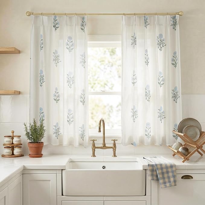 Lino Rosa Short Floral Curtains for Bathroom Window, 45 Inch Length Blue Green Block Print Patterned Pinched Pleated Linen Privacy Semi Sheer Drapes for Bedroom