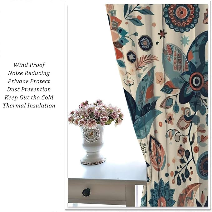 Bohemian Floral Curtains, Vintage Floral Natural Botanical Peris Pattern Window Treatments, Blackout Curtains for Bedroom Living Room42X63 Inch