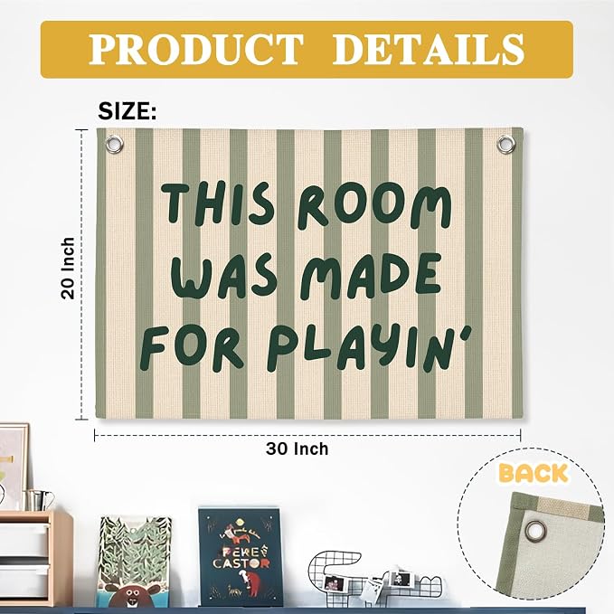 Playroom Wall Decor, This Room Was Made For Playin Linen Canvas Banner, Toddler Playroom Decor Kids Toy Room Nursery Wall Decor for Toddler Boys Bedroom, 30x20 Inch