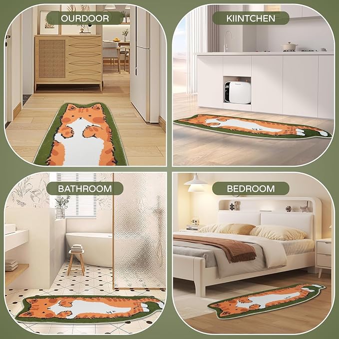 Cat Rugs, 1.3' X 3.9' Small Cute Irregular Shaped Rug for Bedroom Bathroom Room, Funny Cartoon Pet Area Carpet Kid Rugs, Cat Decor Dog Shaped Pet and Children Entryway Runner Rug (A Green Cat)