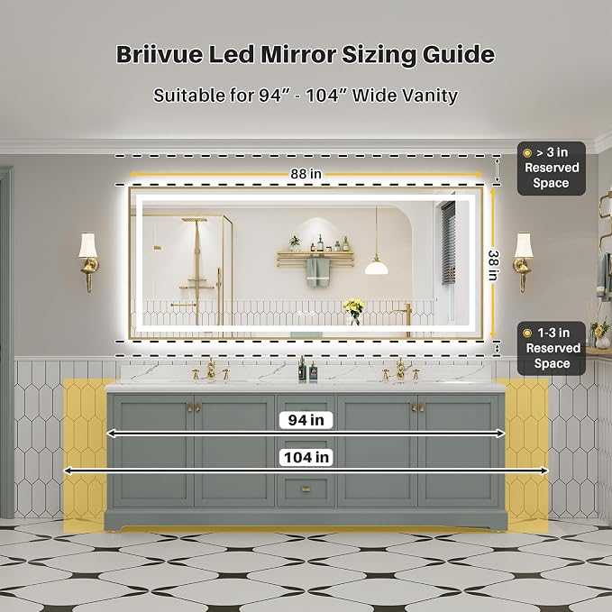 88x38 Inch LED Bathroom Mirror with Gold Frame, Backlit & Front Lit, Anti-Fog Lighted Bathroom Vanity Mirror for Wall, Memory Function, Dimmable, HD Tempered Glass, Shatter-Proof