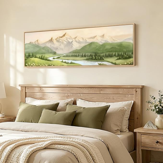 Large Framed Green Landscape Wall Art for Living Room, Long Narrow Modern Mountain Canvas Prints Painting for Walls, Horizontal Nature Pictures Wall Decor for Bedroom Dinning Room Office, 20x60 In