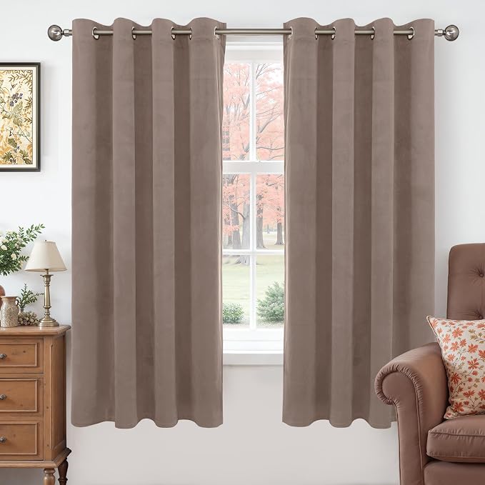 YoungsTex Taupe Velvet Blackout Curtains 63 Inch Length, Room Darkening Drapes with Grommet Privacy for Living Room Bedroom Window, 2 Panels, 52 X 63 Inch