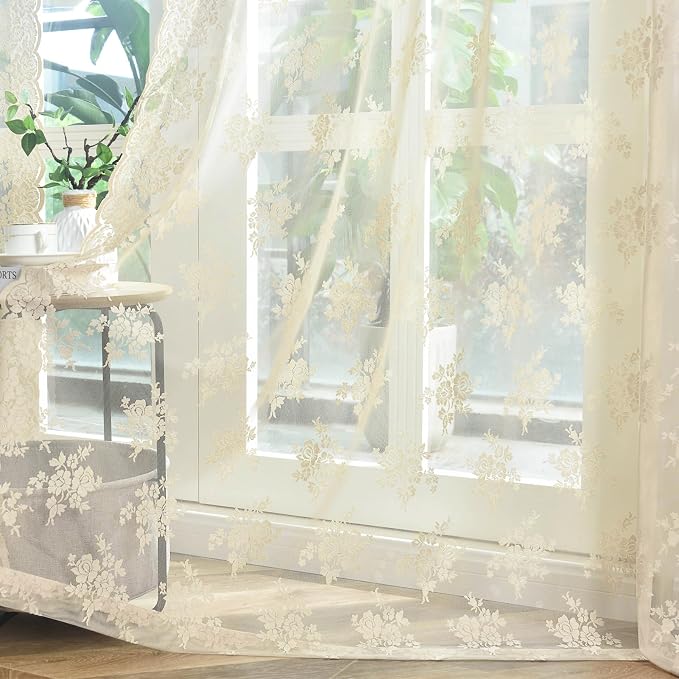 Kotile Beige Lace Curtains 63 Inch Length 2 Panels, Country Rustic Floral Patterned Vintage Beige Sheer Curtains for Bedroom, Rod Pocket Privacy Light Filtering Sheer Window Drapes, 42 x 63 Inch