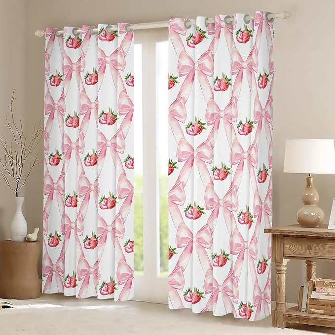 Erosebridal Strawberry Bow 38" Wx45 L Window Treatments Pink Kawaii Bowknot Curtain for Kids Girls Teen Women,Ribbon Bow Window Curtain Geometric Fruit Bowknot Curtains & Drapes