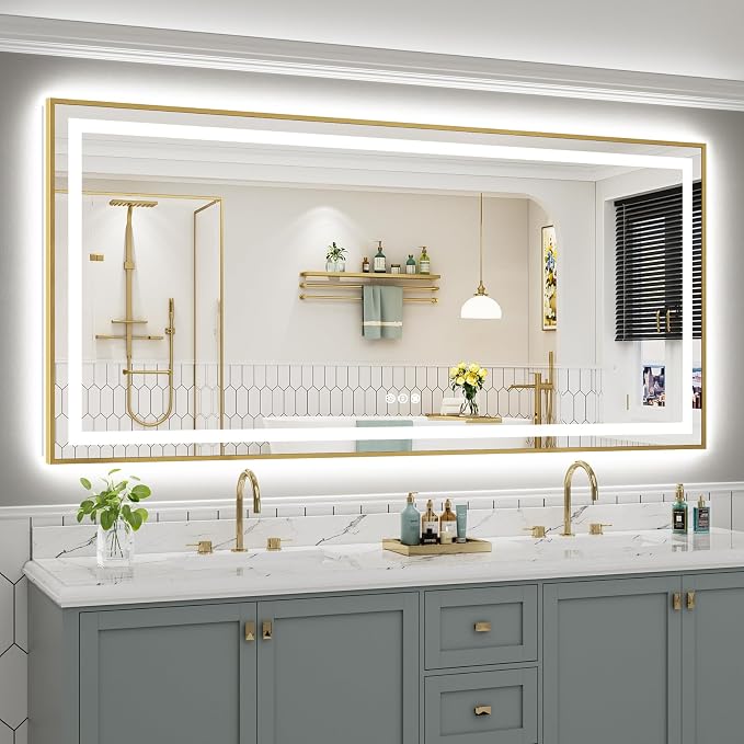 84x40 Inch LED Bathroom Mirror with Gold Frame, Backlit & Front Lit, Anti-Fog Lighted Bathroom Vanity Mirror for Wall, Memory Function, Dimmable, HD Tempered Glass, Shatter-Proof