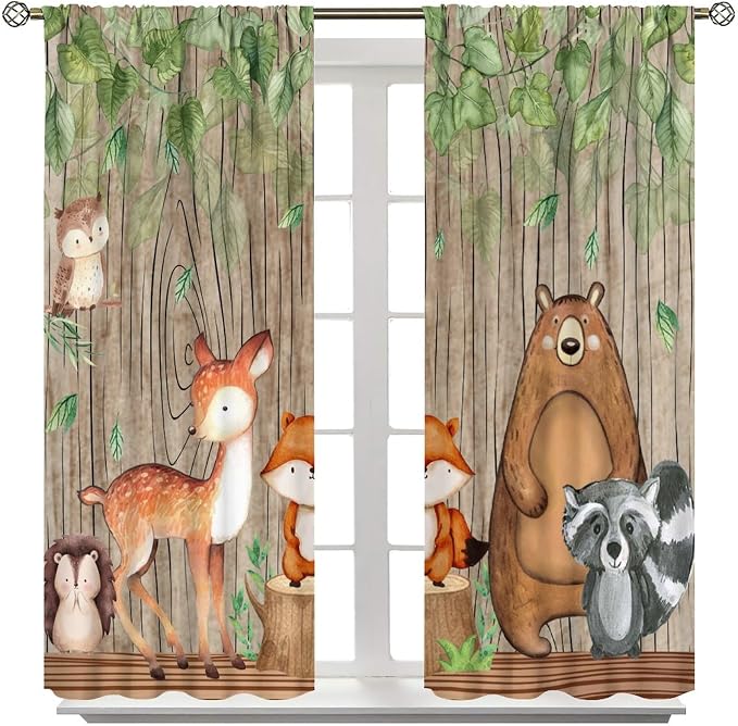 Forest Animal Kids Curtains, Wild Rustic Bear Fox Deer Children Cartoon Window Treatments for Living Room, Watercolor Navy Blackout Drapes 2 Panel Sets,63x63 Inch