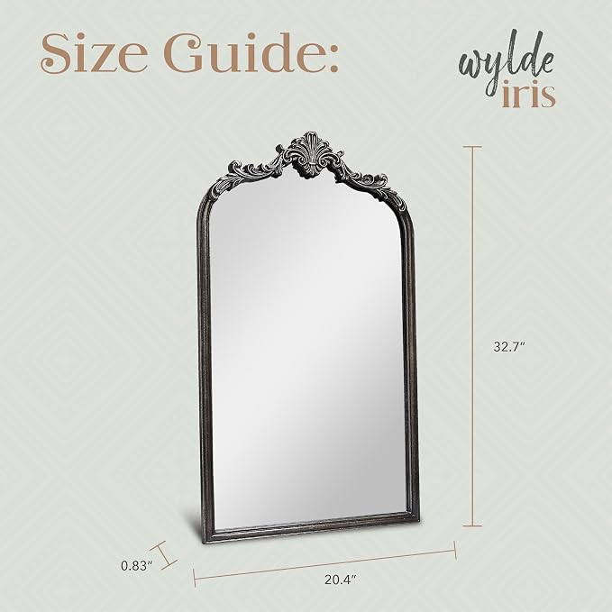 Wylde Iris English Estate Carved Arch Wood Wall Mirror, Mirror for Entryway, Living Room, Bathroom, Distressed Black, 20.4x33