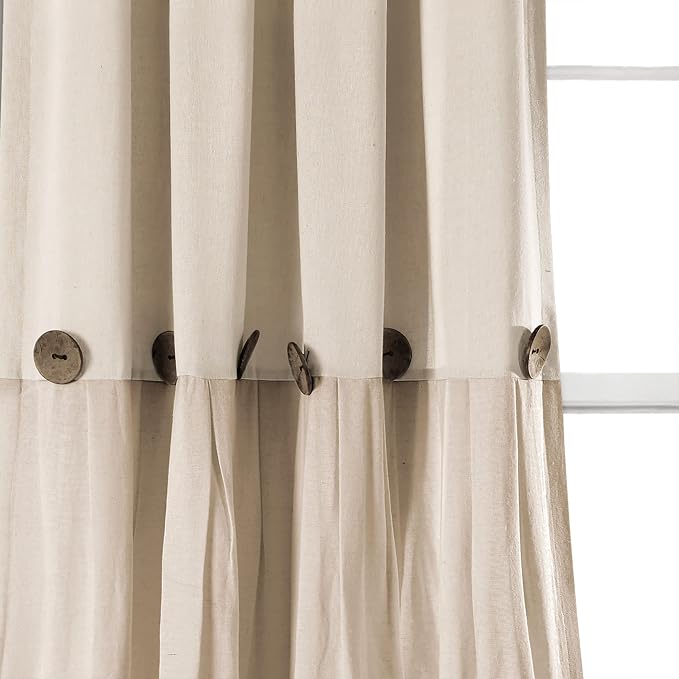 Lush Decor Linen Button Window Curtain Panel, Single, 40" W x 108" L, Dark Linen - Country Curtains - Rustic Decor - Color Block Modern Farmhouse Curtains For Living Room, Bedroom & Dining Room