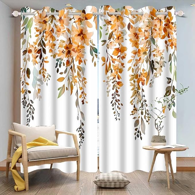 Orange Watercolor Floral Curtains 84 inches Long, Botanical Leaves Vine Flowers Rustic Farmhouse Curtains, Blackout Window Treatment Drapes for Bedroom Living Room 52x84inch, 2 Panels
