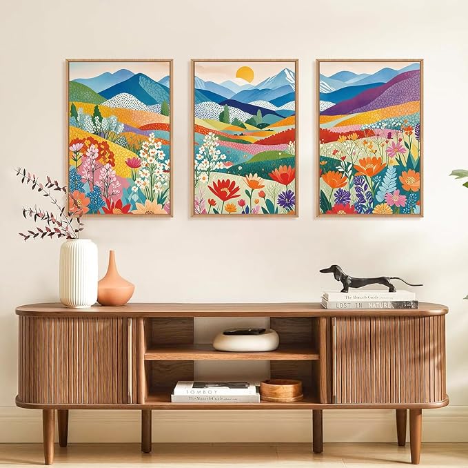LHIUEM Large Abstract Mountain Flower Framed Canvas Wall Art,Colorful Watercolor Boho Wall Decor,Nature Floral Tree Wall Painting,Bohemian Artwork for Living Room,Bedroom,Dining Room,Office -16"x24"x3