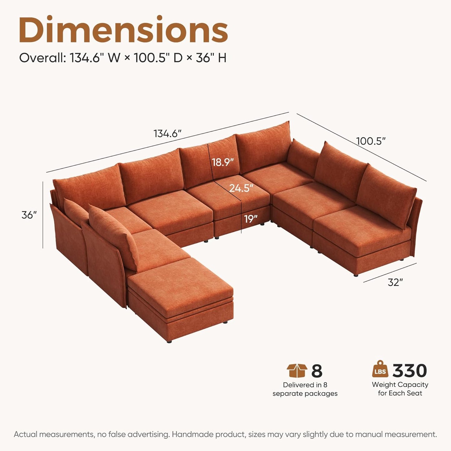 134.6" Modular Sectional Sofa, U Shaped Couch Set for Living Room, Large 8-Seater Comfy Cloud Couches with Movable Storage Ottoman,DIY Combination - Chenille Terracotta