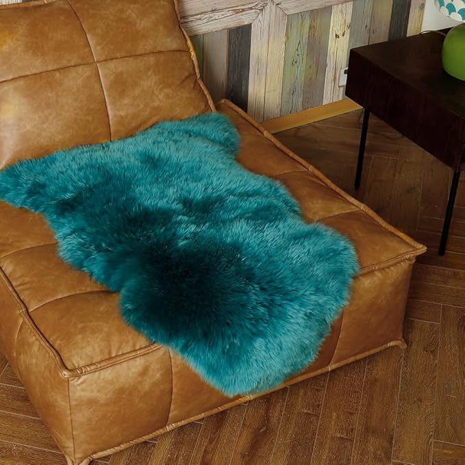 IRIWOOL Premium Genuine Fur Sheepskin Rug Real Australia Sheepskin Natural Luxury Fluffy Lambskin Fur Area Rug Seat Covers for Kids Bedroom Sofa Chair Cover (Dark Aquamarine, Single Pelt/2ft x 3ft)