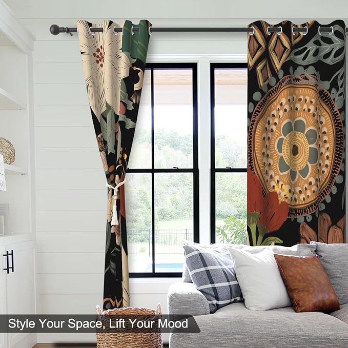 Black Boho Floral Blackout Curtains for Bedroom and Living Room, Grommet Thermal Insulated Room Darkening Curtains 84 Inch Long 2 Panels Set, Light Filtering Privacy Drapes with Curtain Tiebacks